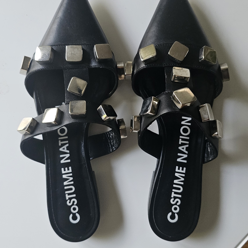 CNC Costume National Black and Silver Studded Mules